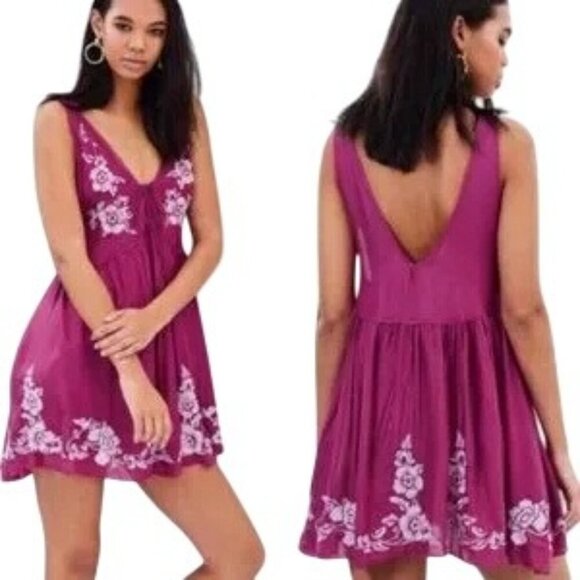 Free People Dresses & Skirts - Free People Aida Purple Floral Embroidered Slip Tunic Mini Dress